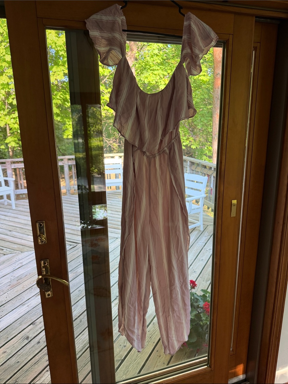 American Eagle Outfitters Pink & White Striped Ruffle-Waist Jumpsuit